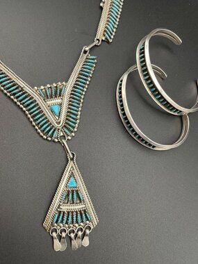 Vintage Zuni Needlepoint Sterling and Turquoise Necklace and Bracelet Set